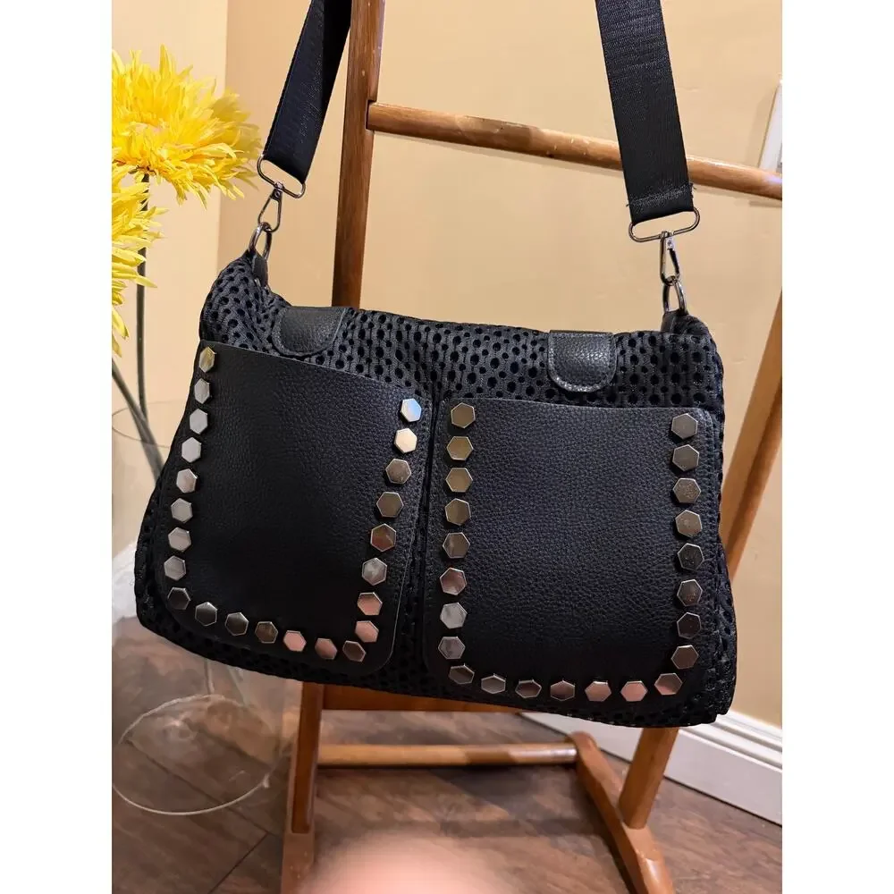 Black Woven & Studded Convertible Crossbody Shoulder Bag - Boho Edgy Satchel